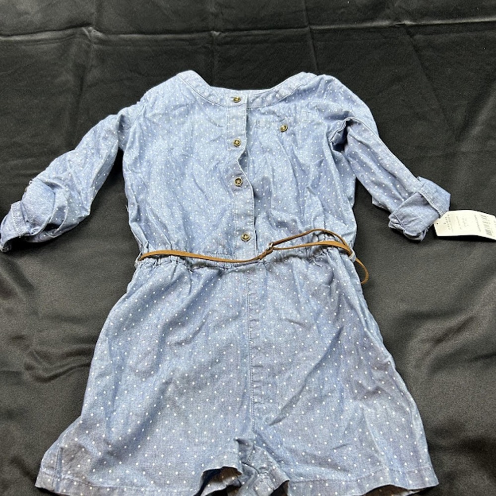 Carter's Girls Romper 6Y Jean White Polka Dot Brown Belt NWT